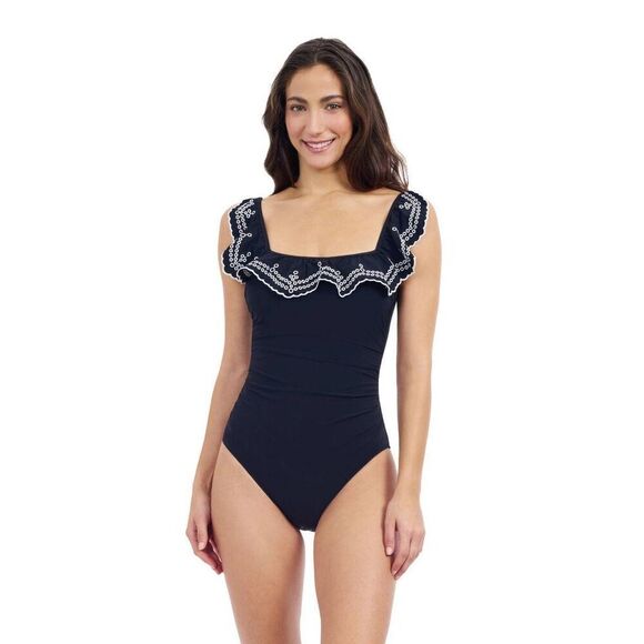 Profile By Gottex Size 6 Lola Lazer Square Neck Laser Ruffle One Piece Swimsuit - Picture 1 of 8